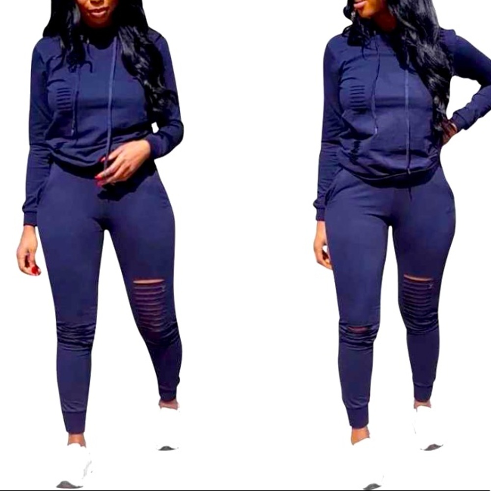 Distressed 2-Piece Sweatsuit Navy